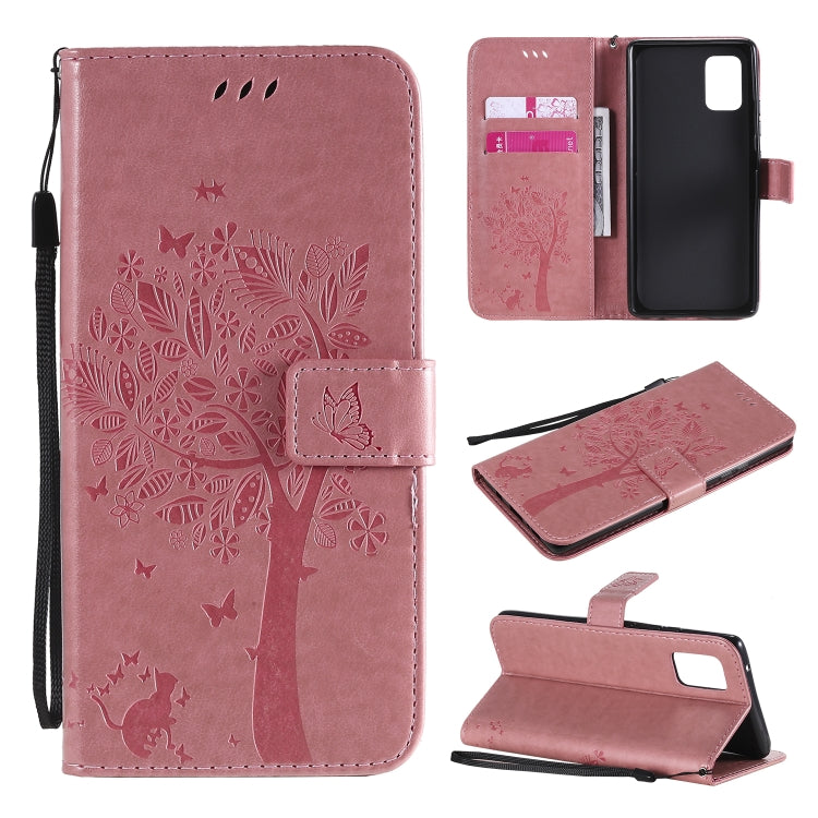 For Samsung Galaxy A71 5G Tree & Cat Embossed Pattern Horizontal Flip Leather Case with Holder & Card Slots & Wallet & Lanyard