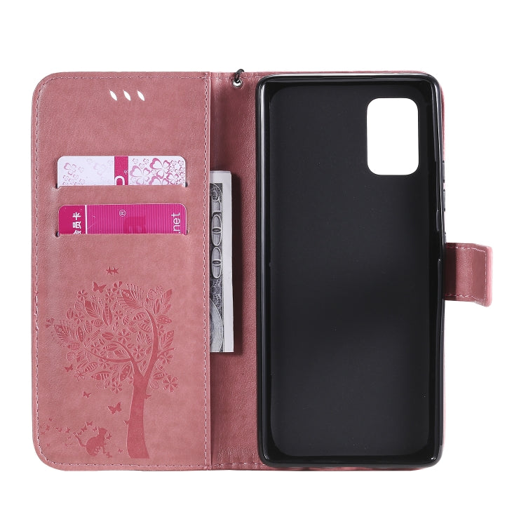For Samsung Galaxy A71 5G Tree & Cat Embossed Pattern Horizontal Flip Leather Case with Holder & Card Slots & Wallet & Lanyard