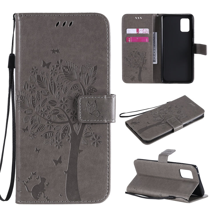 For Samsung Galaxy A71 5G Tree & Cat Embossed Pattern Horizontal Flip Leather Case with Holder & Card Slots & Wallet & Lanyard