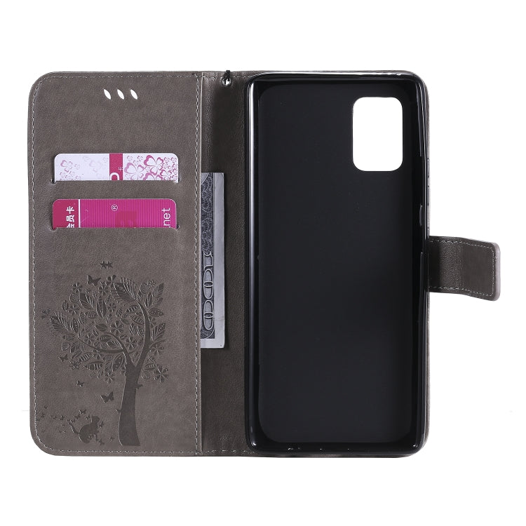 For Samsung Galaxy A71 5G Tree & Cat Embossed Pattern Horizontal Flip Leather Case with Holder & Card Slots & Wallet & Lanyard