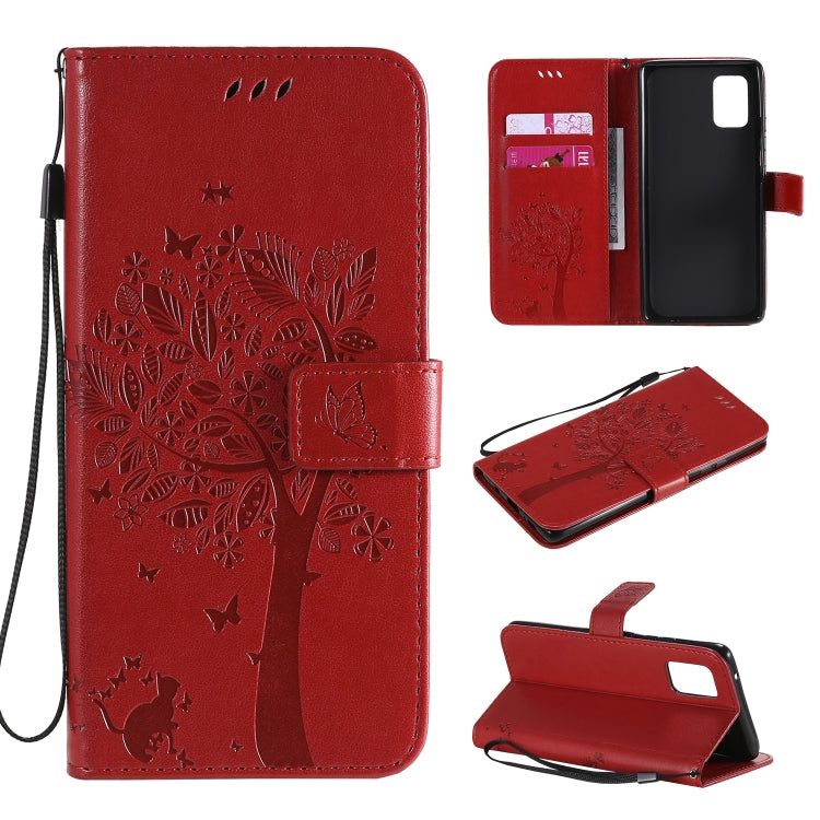 For Samsung Galaxy A71 5G Tree & Cat Embossed Pattern Horizontal Flip Leather Case with Holder & Card Slots & Wallet & Lanyard