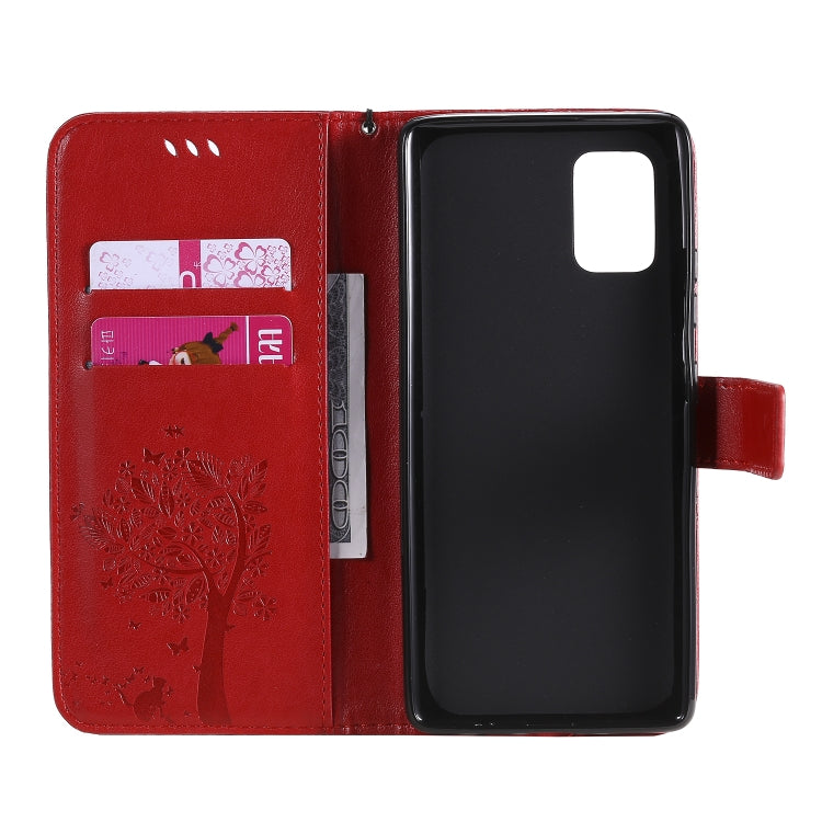 For Samsung Galaxy A71 5G Tree & Cat Embossed Pattern Horizontal Flip Leather Case with Holder & Card Slots & Wallet & Lanyard