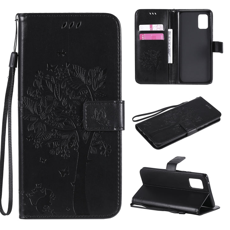 For Samsung Galaxy A71 5G Tree & Cat Embossed Pattern Horizontal Flip Leather Case with Holder & Card Slots & Wallet & Lanyard