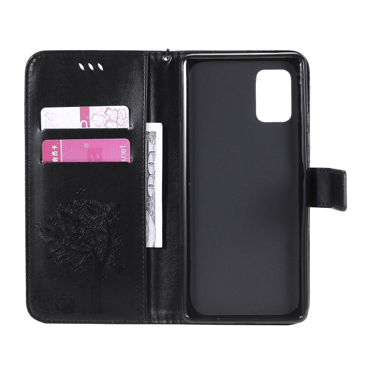 For Samsung Galaxy A71 5G Tree & Cat Embossed Pattern Horizontal Flip Leather Case with Holder & Card Slots & Wallet & Lanyard