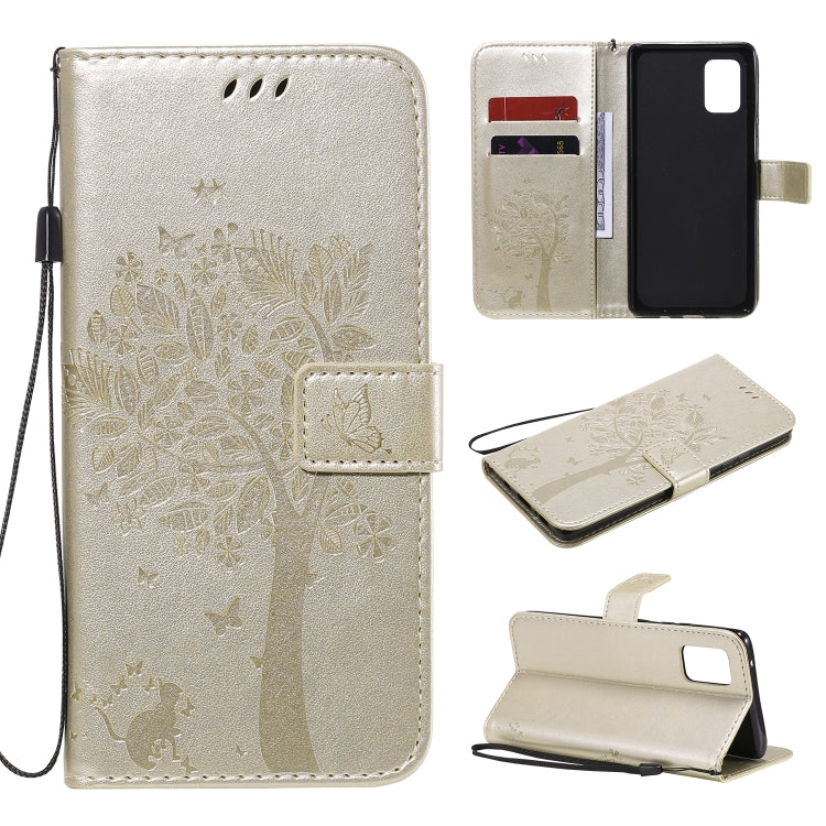 For Samsung Galaxy A71 5G Tree & Cat Embossed Pattern Horizontal Flip Leather Case with Holder & Card Slots & Wallet & Lanyard