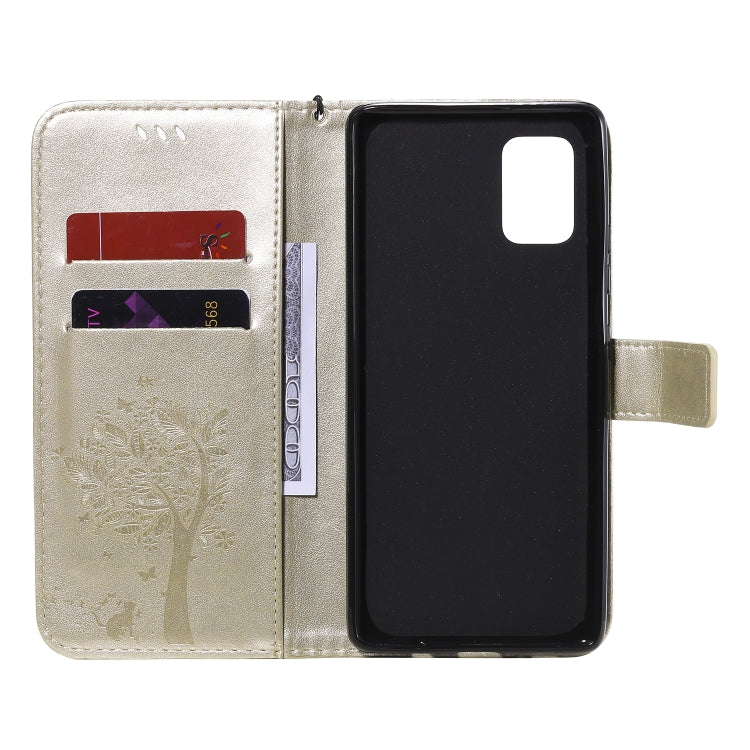 For Samsung Galaxy A71 5G Tree & Cat Embossed Pattern Horizontal Flip Leather Case with Holder & Card Slots & Wallet & Lanyard