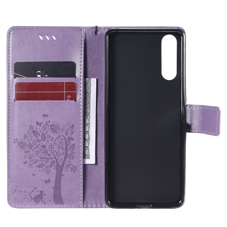 For Sony Xperia 10 II Tree & Cat Embossed Pattern Horizontal Flip Leather Case with Holder & Card Slots & Wallet & Lanyard