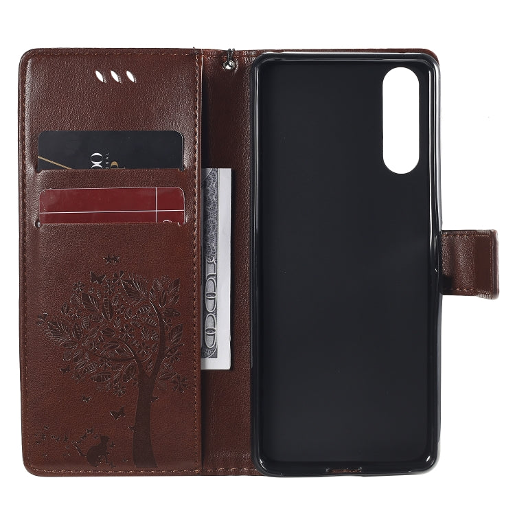 For Sony Xperia 10 II Tree & Cat Embossed Pattern Horizontal Flip Leather Case with Holder & Card Slots & Wallet & Lanyard