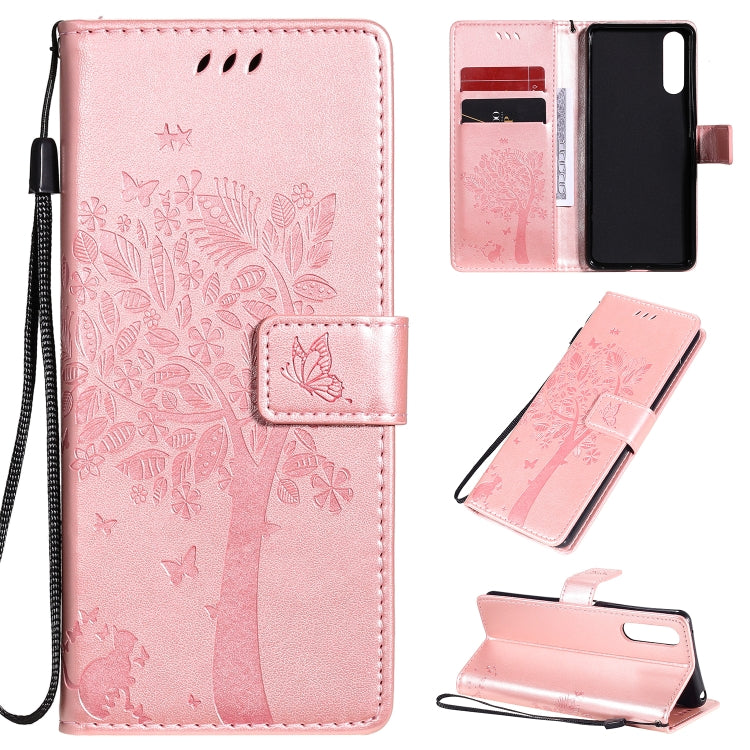 For Sony Xperia 10 II Tree & Cat Embossed Pattern Horizontal Flip Leather Case with Holder & Card Slots & Wallet & Lanyard