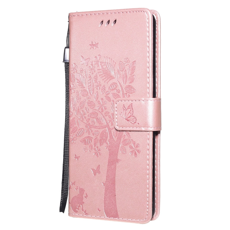For Sony Xperia 10 II Tree & Cat Embossed Pattern Horizontal Flip Leather Case with Holder & Card Slots & Wallet & Lanyard