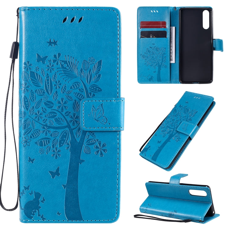 For Sony Xperia 10 II Tree & Cat Embossed Pattern Horizontal Flip Leather Case with Holder & Card Slots & Wallet & Lanyard