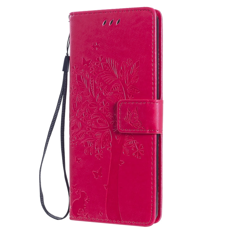 For Sony Xperia 10 II Tree & Cat Embossed Pattern Horizontal Flip Leather Case with Holder & Card Slots & Wallet & Lanyard