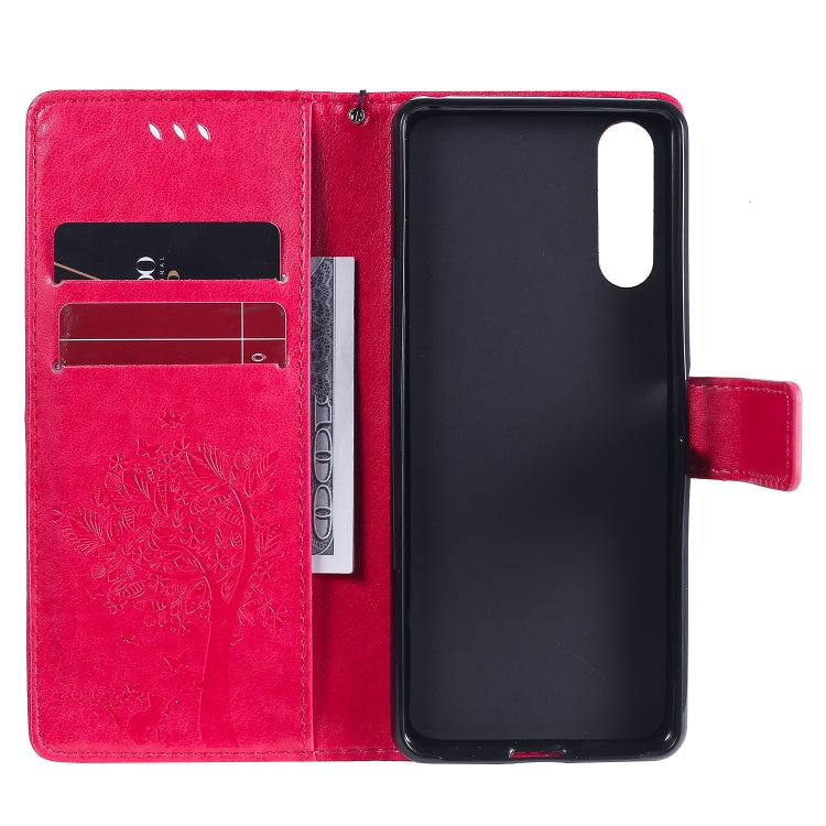 For Sony Xperia 10 II Tree & Cat Embossed Pattern Horizontal Flip Leather Case with Holder & Card Slots & Wallet & Lanyard