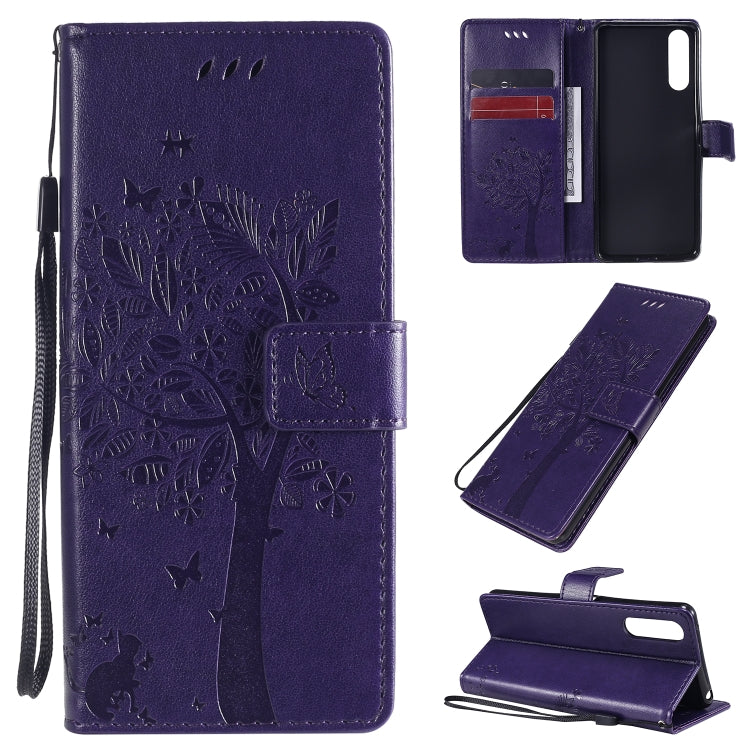 For Sony Xperia 10 II Tree & Cat Embossed Pattern Horizontal Flip Leather Case with Holder & Card Slots & Wallet & Lanyard