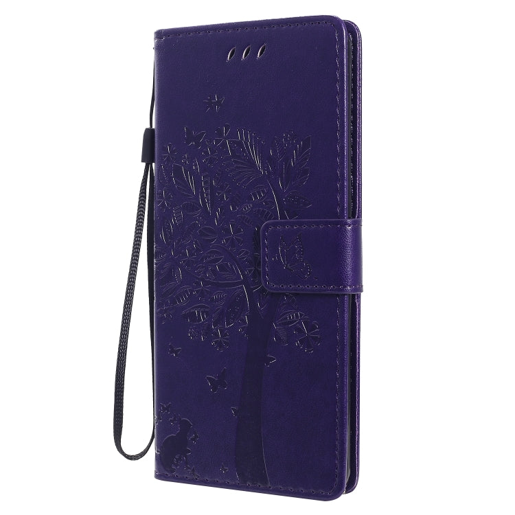 For Sony Xperia 10 II Tree & Cat Embossed Pattern Horizontal Flip Leather Case with Holder & Card Slots & Wallet & Lanyard