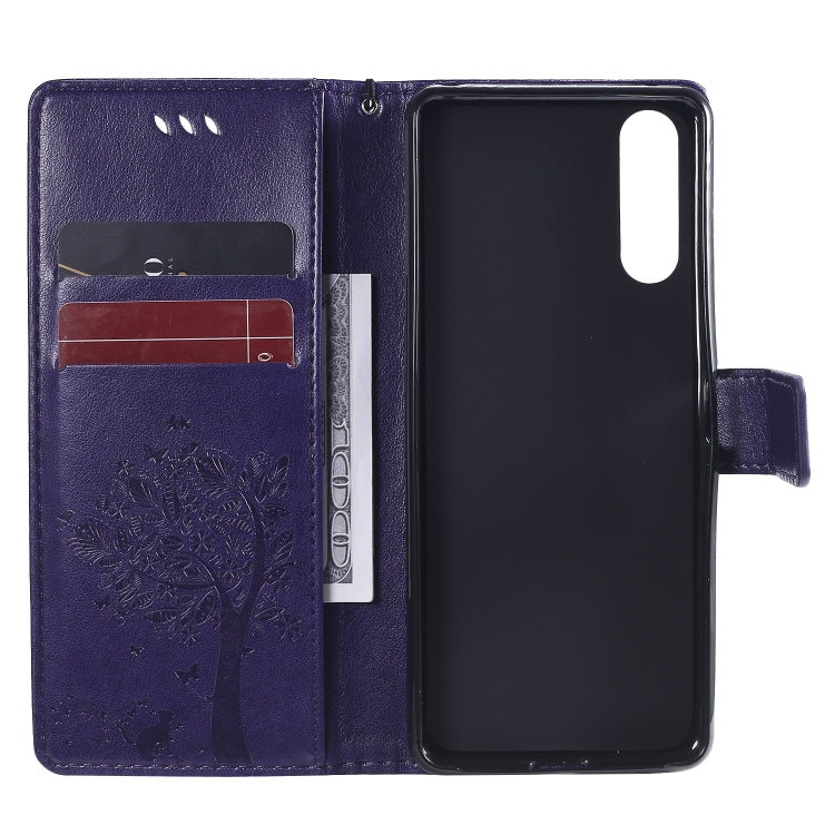 For Sony Xperia 10 II Tree & Cat Embossed Pattern Horizontal Flip Leather Case with Holder & Card Slots & Wallet & Lanyard