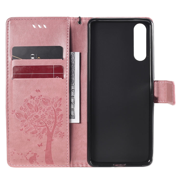 For Sony Xperia 10 II Tree & Cat Embossed Pattern Horizontal Flip Leather Case with Holder & Card Slots & Wallet & Lanyard