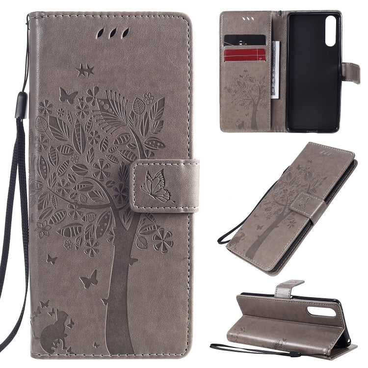 For Sony Xperia 10 II Tree & Cat Embossed Pattern Horizontal Flip Leather Case with Holder & Card Slots & Wallet & Lanyard