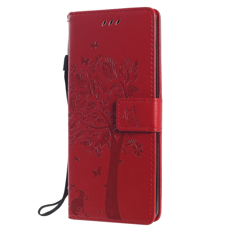For Sony Xperia 10 II Tree & Cat Embossed Pattern Horizontal Flip Leather Case with Holder & Card Slots & Wallet & Lanyard