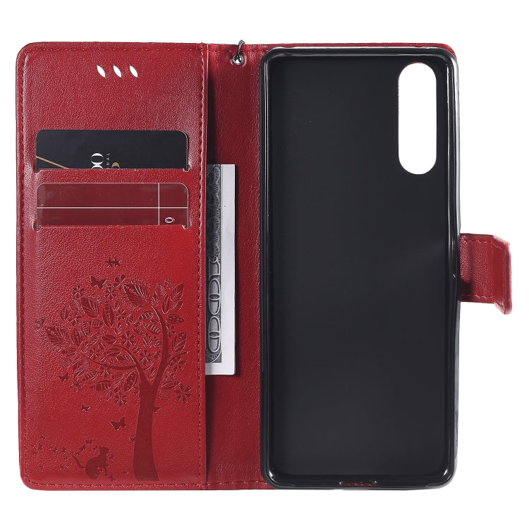 For Sony Xperia 10 II Tree & Cat Embossed Pattern Horizontal Flip Leather Case with Holder & Card Slots & Wallet & Lanyard