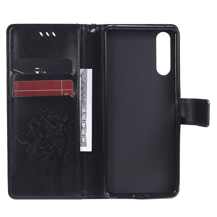 For Sony Xperia 10 II Tree & Cat Embossed Pattern Horizontal Flip Leather Case with Holder & Card Slots & Wallet & Lanyard