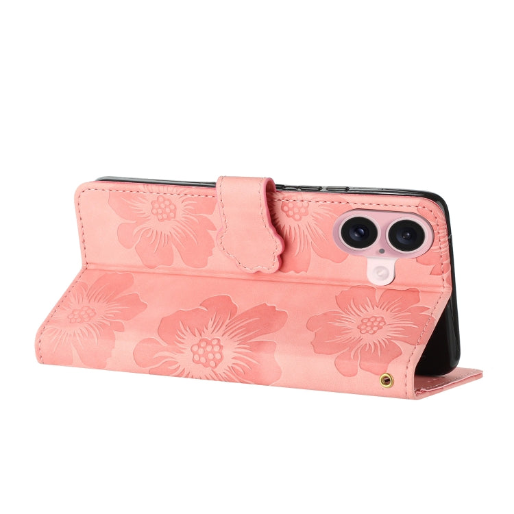 For iPhone 16 Plus Flower Embossing Pattern Leather Phone Case