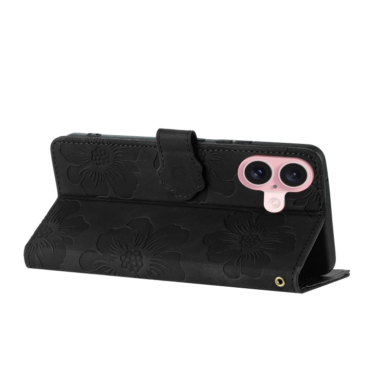 For iPhone 16 Plus Flower Embossing Pattern Leather Phone Case