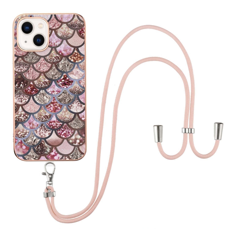 For iPhone 15 Electroplating Pattern IMD TPU Shockproof Case with Neck Lanyard