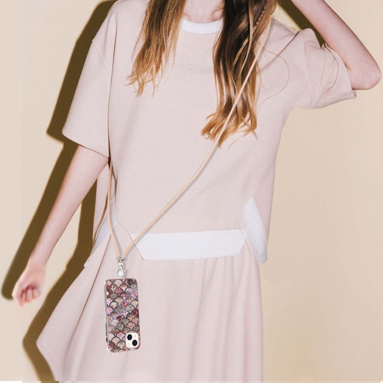 For iPhone 15 Electroplating Pattern IMD TPU Shockproof Case with Neck Lanyard