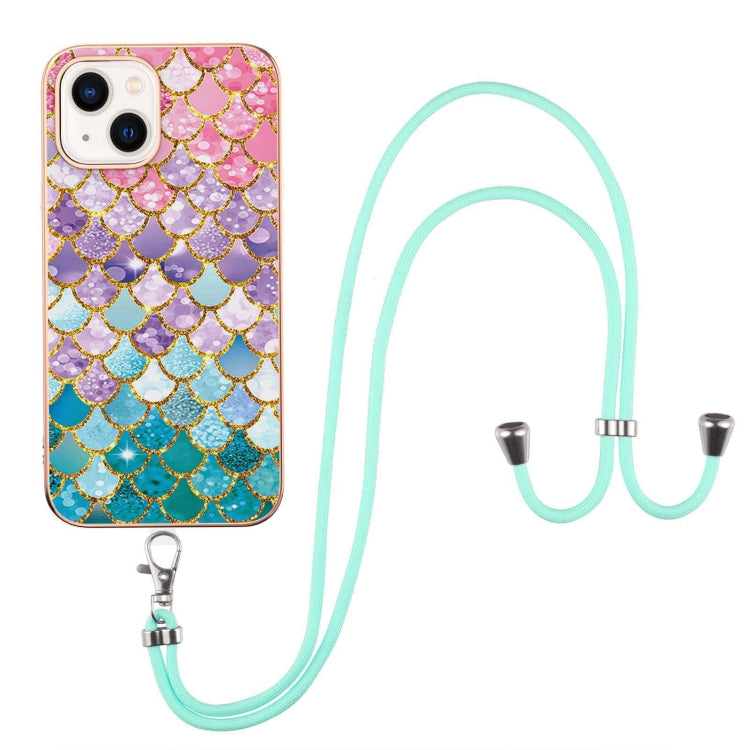 For iPhone 15 Electroplating Pattern IMD TPU Shockproof Case with Neck Lanyard