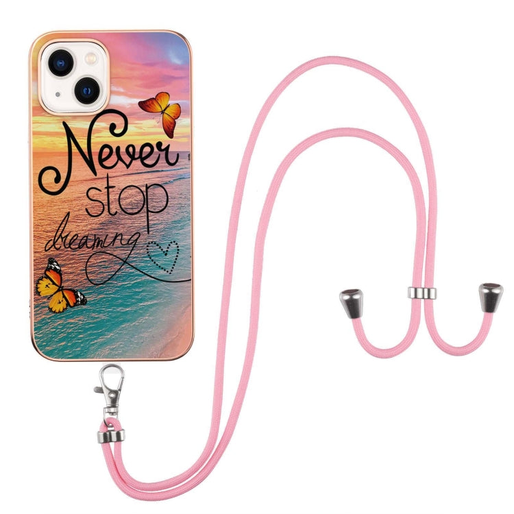 For iPhone 15 Electroplating Pattern IMD TPU Shockproof Case with Neck Lanyard