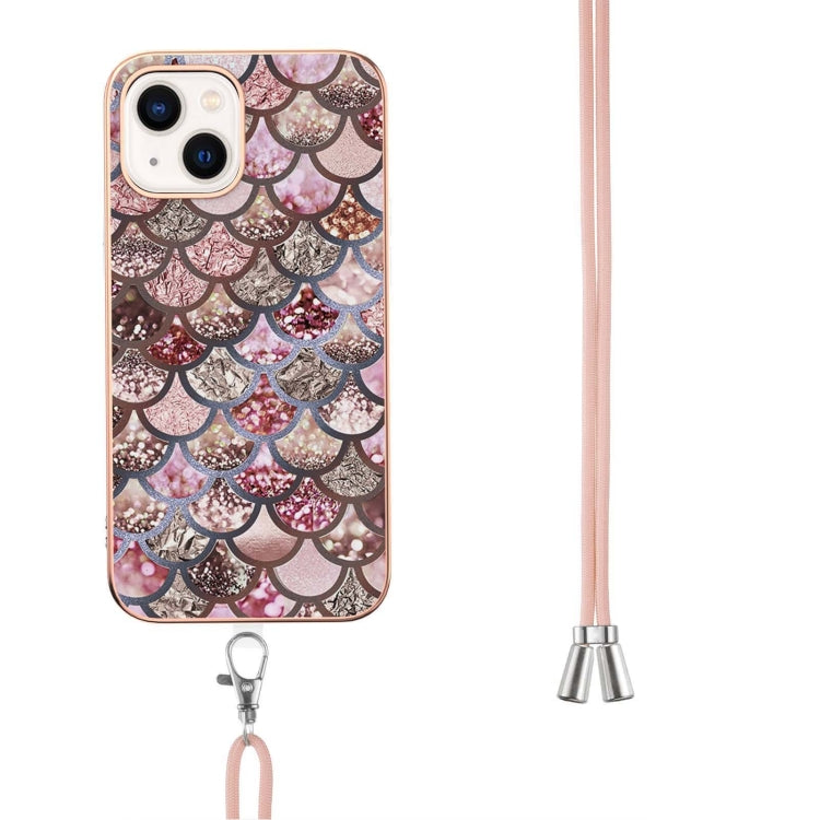 For iPhone 15 Plus Electroplating Pattern IMD TPU Shockproof Case with Neck Lanyard
