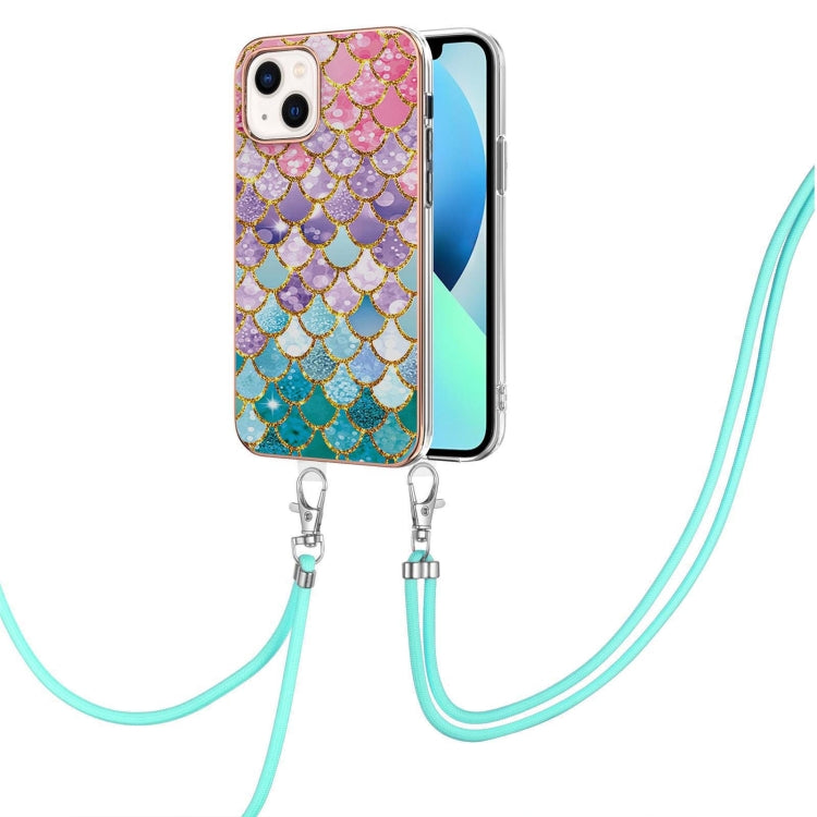For iPhone 15 Plus Electroplating Pattern IMD TPU Shockproof Case with Neck Lanyard