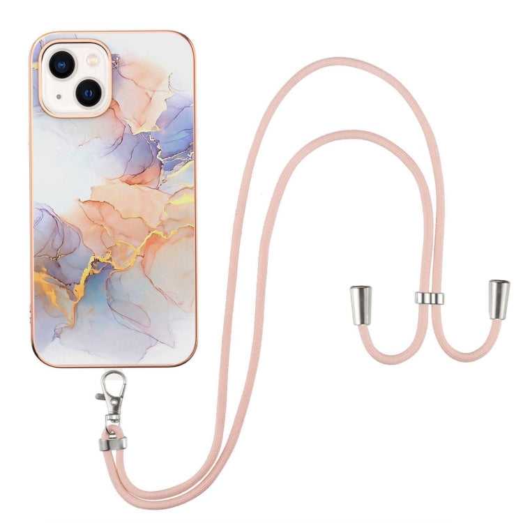 For iPhone 15 Plus Electroplating Pattern IMD TPU Shockproof Case with Neck Lanyard