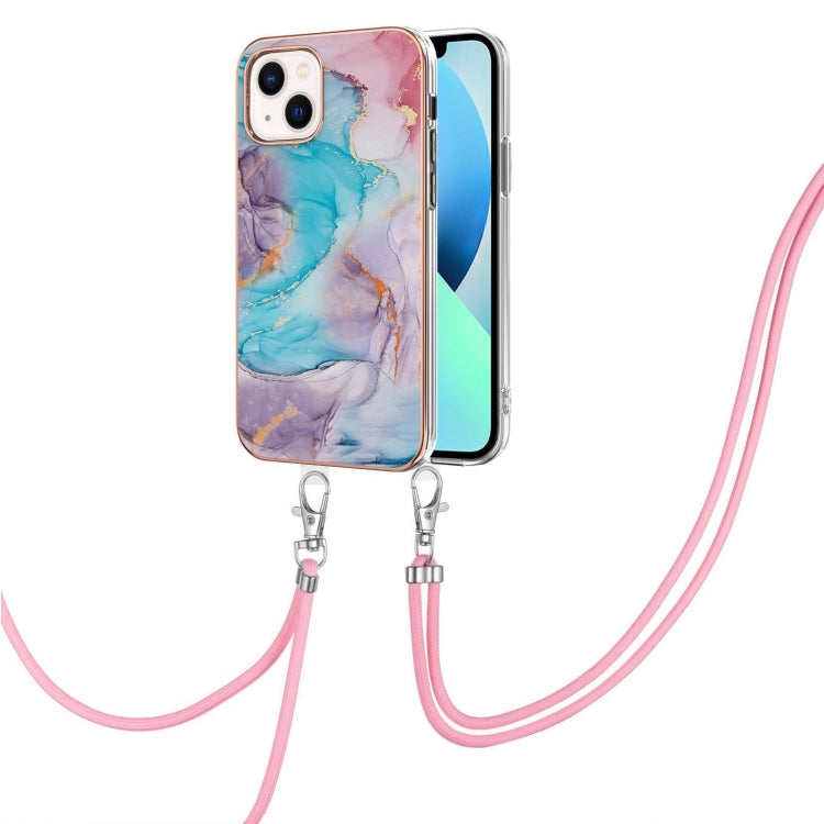For iPhone 15 Plus Electroplating Pattern IMD TPU Shockproof Case with Neck Lanyard