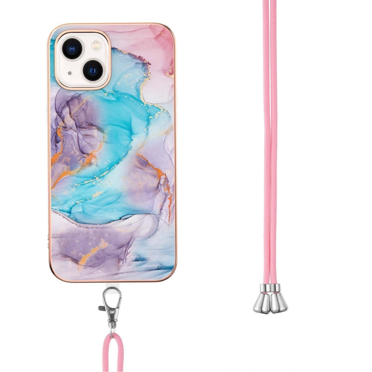 For iPhone 15 Plus Electroplating Pattern IMD TPU Shockproof Case with Neck Lanyard