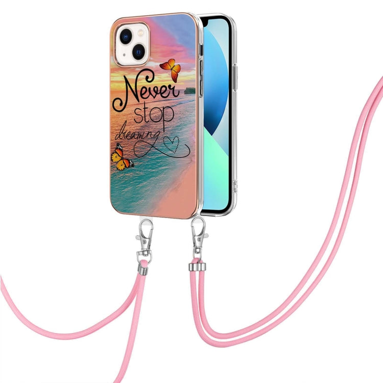 For iPhone 15 Plus Electroplating Pattern IMD TPU Shockproof Case with Neck Lanyard