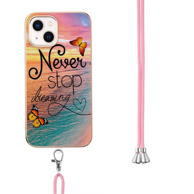 For iPhone 15 Plus Electroplating Pattern IMD TPU Shockproof Case with Neck Lanyard