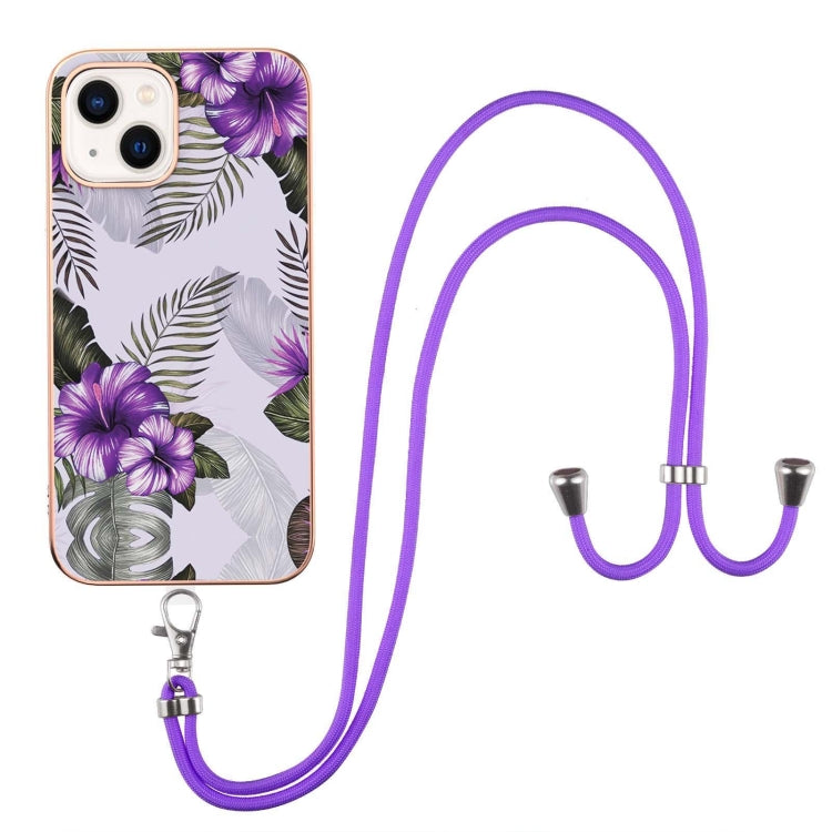 For iPhone 15 Plus Electroplating Pattern IMD TPU Shockproof Case with Neck Lanyard