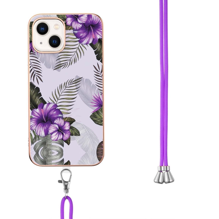 For iPhone 15 Plus Electroplating Pattern IMD TPU Shockproof Case with Neck Lanyard