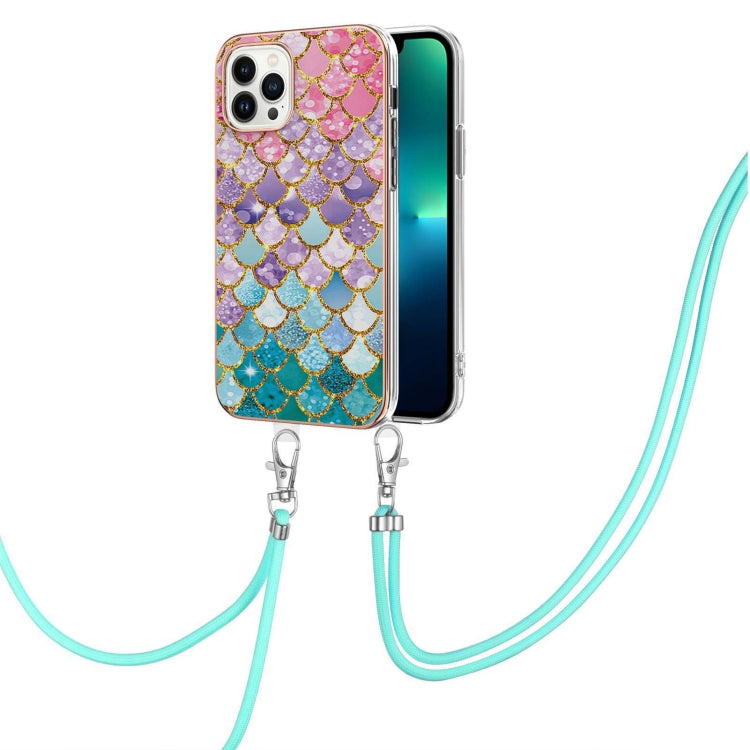 For iPhone 15 Pro Electroplating Pattern IMD TPU Shockproof Case with Neck Lanyard