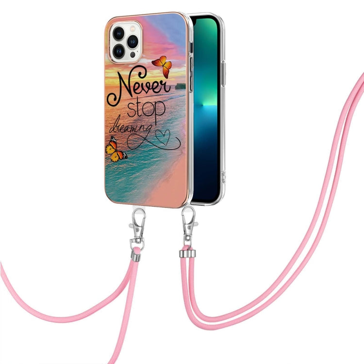 For iPhone 15 Pro Electroplating Pattern IMD TPU Shockproof Case with Neck Lanyard