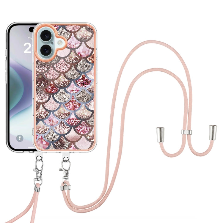 For iPhone 16 Plus Electroplating Pattern IMD TPU Shockproof Case with Neck Lanyard