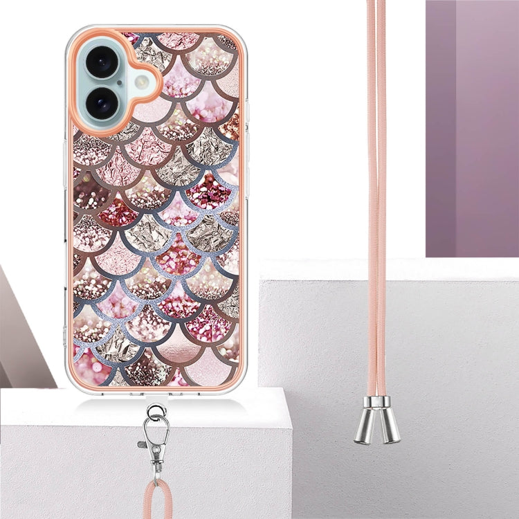 For iPhone 16 Plus Electroplating Pattern IMD TPU Shockproof Case with Neck Lanyard