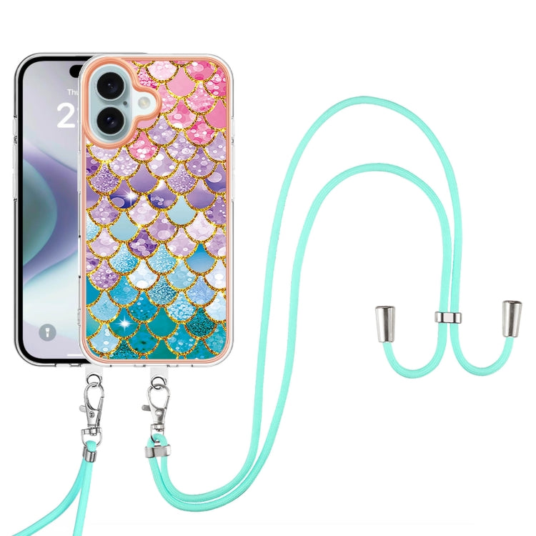 For iPhone 16 Plus Electroplating Pattern IMD TPU Shockproof Case with Neck Lanyard