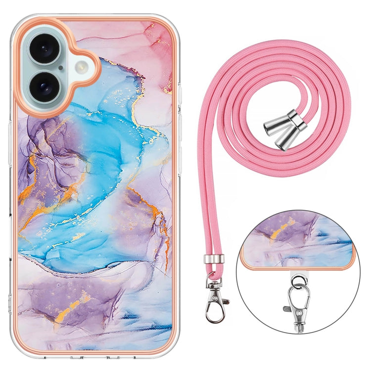 For iPhone 16 Plus Electroplating Pattern IMD TPU Shockproof Case with Neck Lanyard