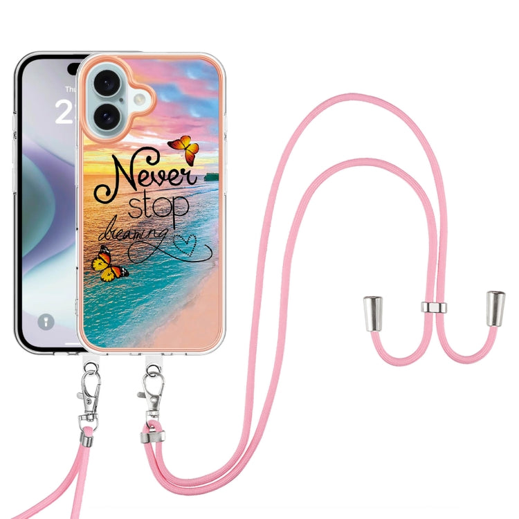 For iPhone 16 Plus Electroplating Pattern IMD TPU Shockproof Case with Neck Lanyard