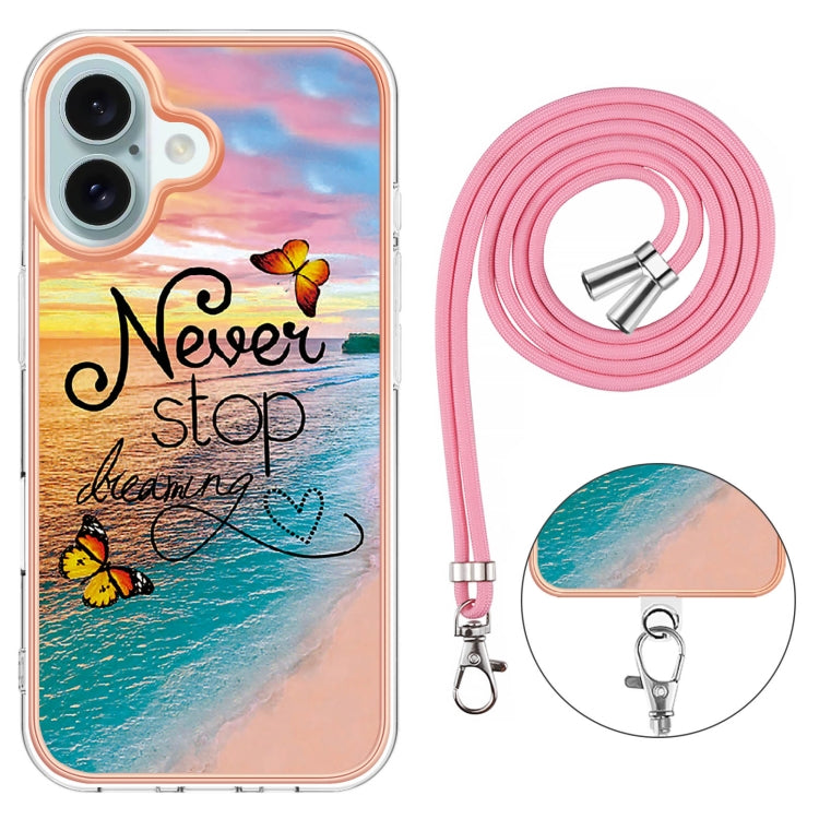 For iPhone 16 Plus Electroplating Pattern IMD TPU Shockproof Case with Neck Lanyard