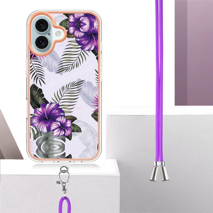 For iPhone 16 Plus Electroplating Pattern IMD TPU Shockproof Case with Neck Lanyard
