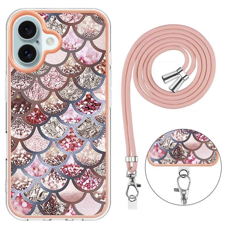 For iPhone 16 Electroplating Pattern IMD TPU Shockproof Case with Neck Lanyard